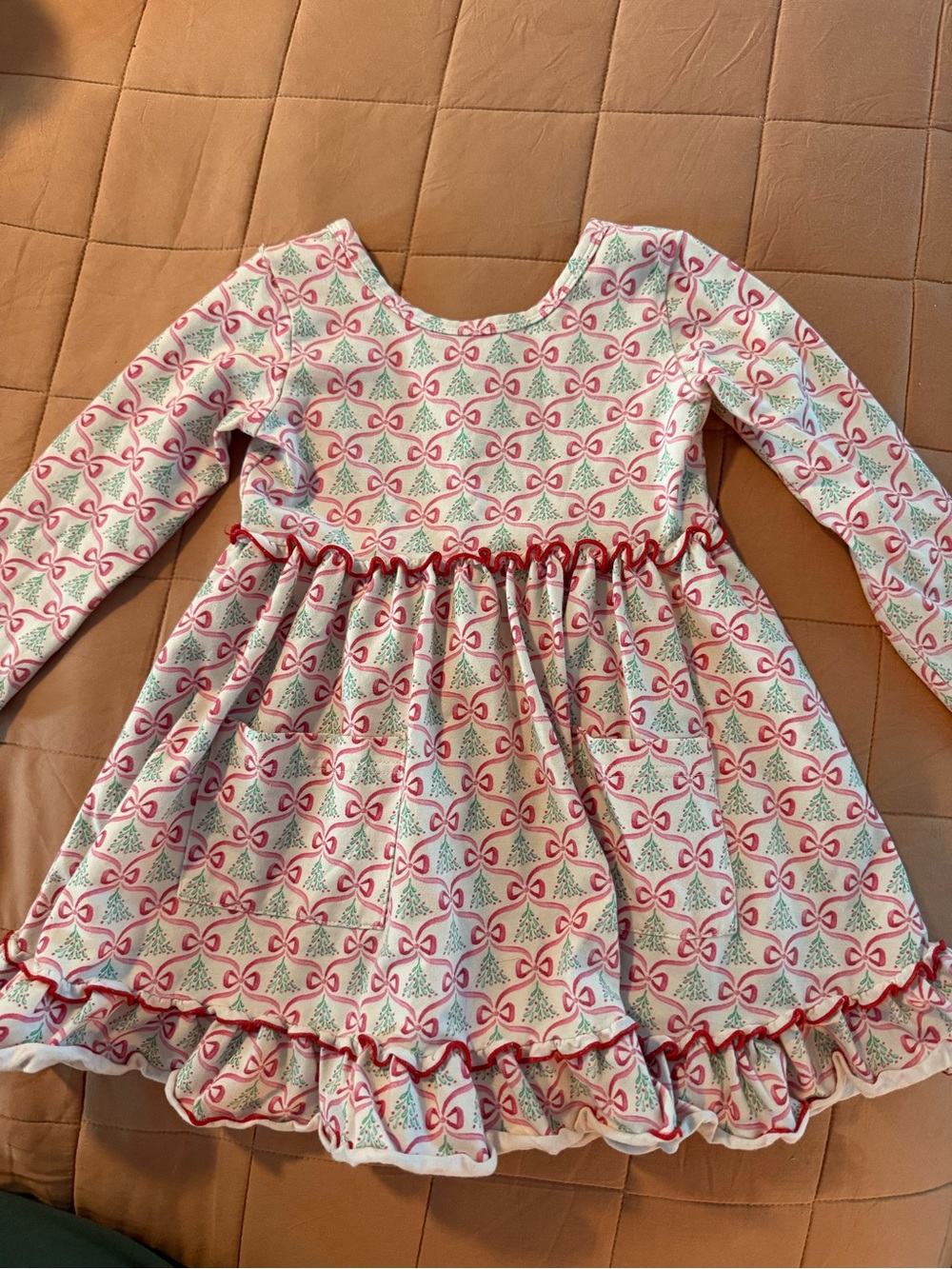 Pink and White Holiday Bow Print Long-Sleeve Kids Dress size XS